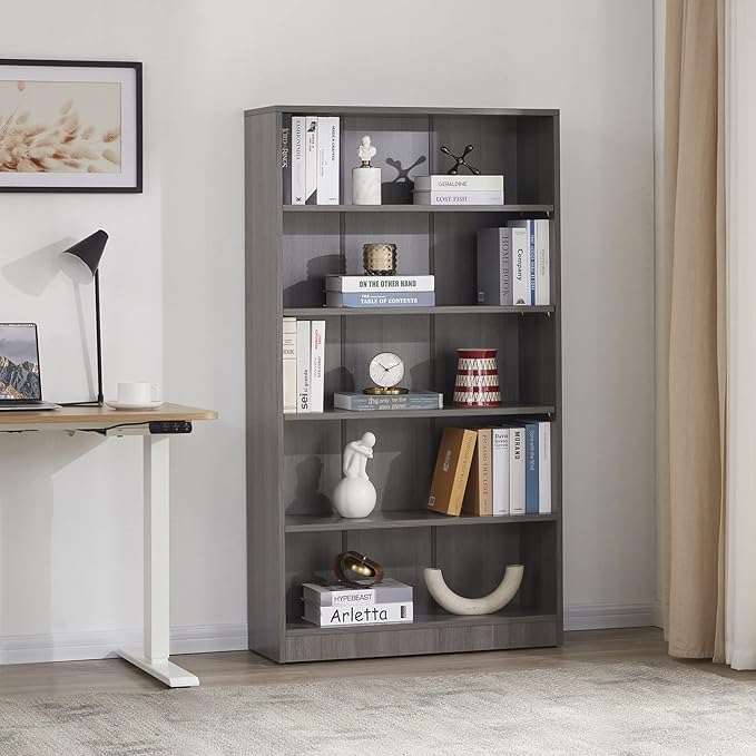 Farini Grey Bookshelf for Bedroom 5 Shelf Office Bookcase 60 Inches Tall Modern Wood Bookshelf for Living Room 5 Tier Wide Manga Bookshelf Library Bookcase - LeafyLoom