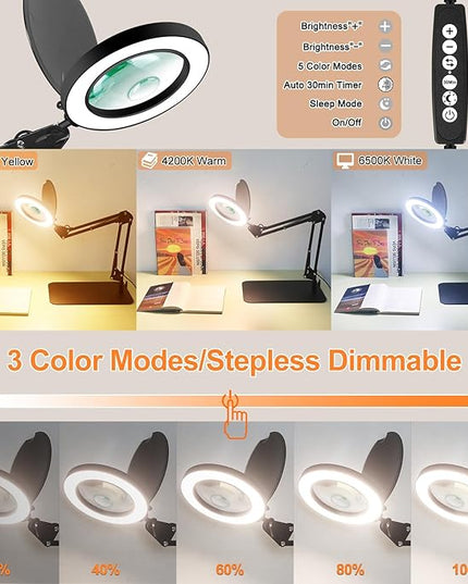Magnifying Glass with Light and Stand, 5X&10X Lighted Magnifying Glass with Dust Cover, 3 Colors Stepless Dimming Magnifying Lamp with Night and 30Min Timer Mode for Reading Hobby Craft Close Work - LeafyLoom