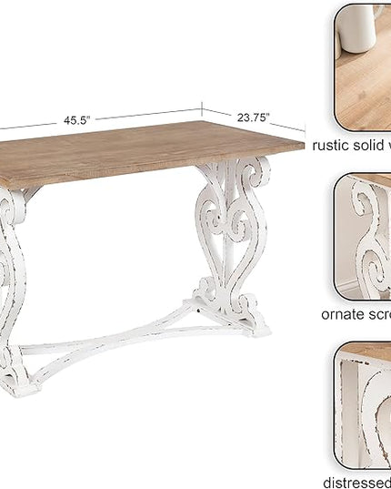 Kate and Laurel Wyldwood Farmhouse Wooden Desk, 46 x 24 x 30, Brown and White, Rustic Carved Wood Computer Desk for Functional and Stylish Home Office Decor - LeafyLoom