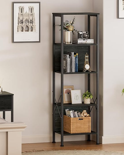 Furologee 5 Tier Tall Bookshelf with Back, Industrial Narrow Bookcase, Display Standing Shelf Units, Metal and Wood Storage Corner Shelves Organizer for Bedroom, Living Room, Entryway, Kitchen, Black - LeafyLoom
