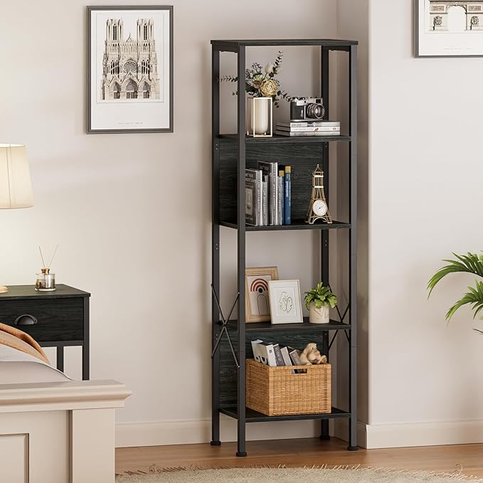 Furologee 5 Tier Tall Bookshelf with Back, Industrial Narrow Bookcase, Display Standing Shelf Units, Metal and Wood Storage Corner Shelves Organizer for Bedroom, Living Room, Entryway, Kitchen, Black - LeafyLoom