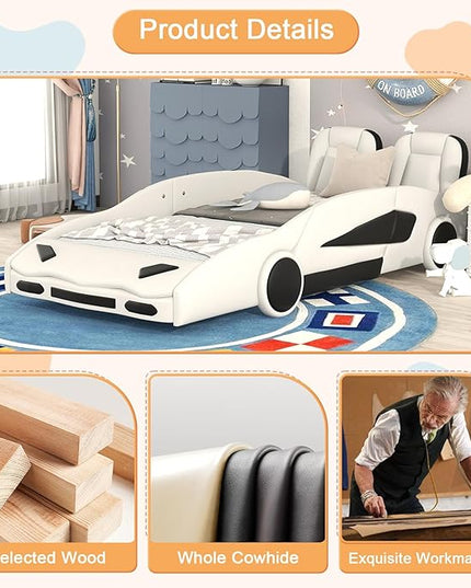 Twin Size Bed Frame for Kids, Race Car-Shaped Wooden Platform Bed with Guardrail and Upholstered Headboard, Wheels and Support Slats, for Boys Girls Child's Bedroom, No Spring Need (White) - LeafyLoom
