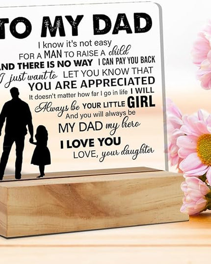 Father Gift Dad Gifts From Daughter, to My Dad My Hero Quote Desk Decor Acrylic Desk Plaque Sign with Wood Stand Home Office Desk Sign Keepsake Present - LeafyLoom