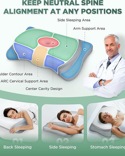 Adjustable Height Cervical Neck Pillow for Pain Relief, Hollow Contour Pillow with Cooling Breathable Pillowcase, Odorless Memory Foam Pillows, Orthopedic Bed Pillow Support Shoulder Side Back Stomach - LeafyLoom