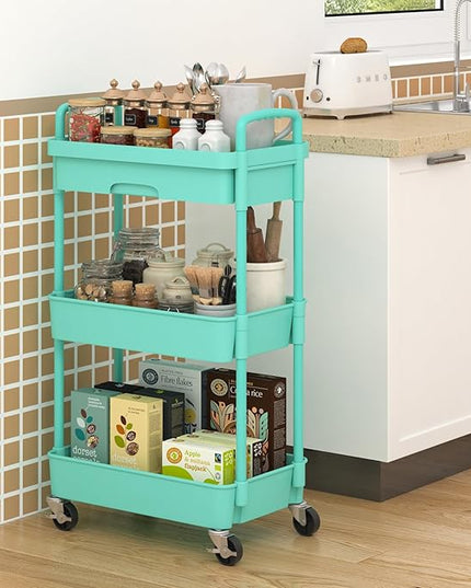 3-Tier Rolling Cart，Trolley with Drawer, Kitchen Storage Organizer with Plastic Shelf & Metal Wheels, Storage Cart for Living Room, Kitchen, Office, Bathroom, Green - LeafyLoom
