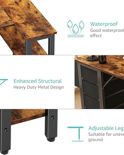 Lufeiya L Shaped Desk with Drawers & Storage Shelves, 47 Inch Corner Computer Desk with Power Outlet for Home Office Bedroom, L-Shaped Gaming PC Desks with Fabric Drawer, Rustic Brown - LeafyLoom