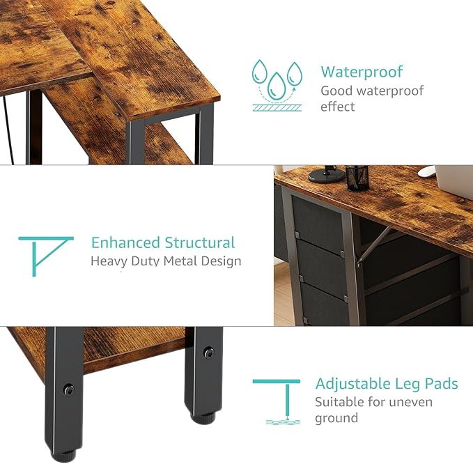 Lufeiya L Shaped Desk with Drawers & Storage Shelves, 47 Inch Corner Computer Desk with Power Outlet for Home Office Bedroom, L-Shaped Gaming PC Desks with Fabric Drawer, Rustic Brown - LeafyLoom