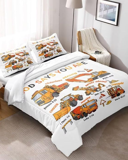 Kids Construction Vehicles Truck Comforter for Boys Full,Cartoon Car Excavator Tractor Bedding Set,Construction Christian Spirational Quotes Comforter with 2 Pillowcases White - LeafyLoom