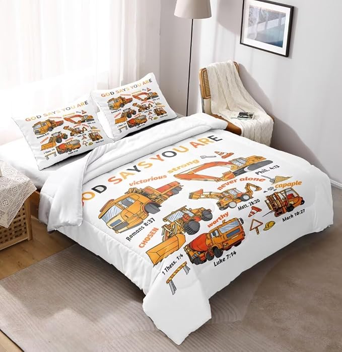 Kids Construction Vehicles Truck Comforter for Boys Full,Cartoon Car Excavator Tractor Bedding Set,Construction Christian Spirational Quotes Comforter with 2 Pillowcases White - LeafyLoom