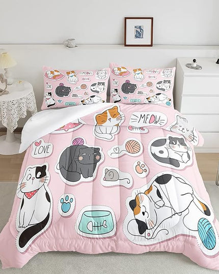 CVHOUSE Cat Bedding,Cartoon Cat Comforter Queen,Animals Print Comforter Set for Kids,Kawaii Quilt Set with 1 Comforter and 2 Pillow Cases - LeafyLoom