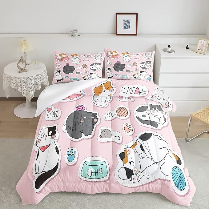 CVHOUSE Cat Bedding,Cartoon Cat Comforter Full,Animals Print Comforter Set for Kids,Kawaii Quilt Set with 1 Comforter and 2 Pillow Cases - LeafyLoom
