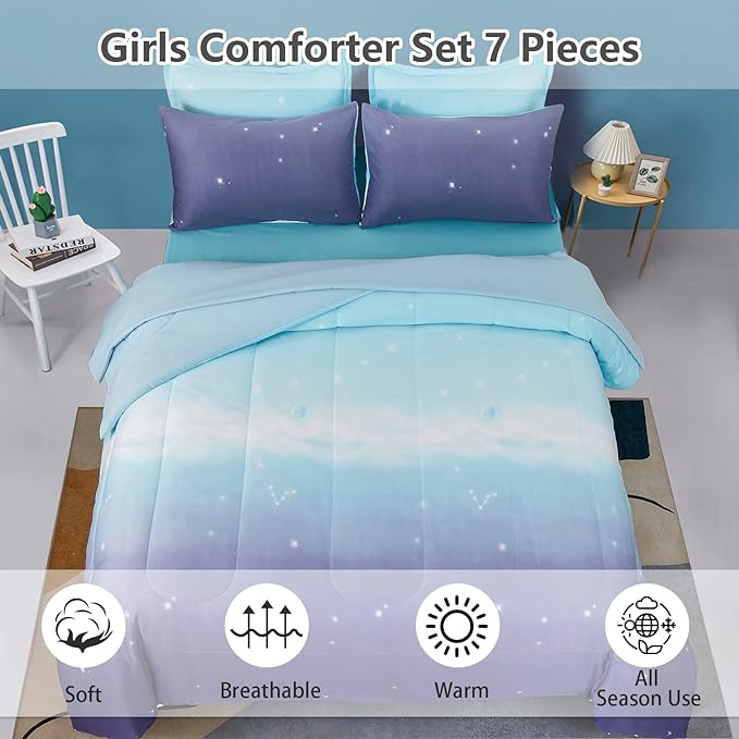 Girls Comforter Set Queen Size 7 Pieces Bed in A Bag Ombre Blue Purple Rainbow Bedding Set Collections for Teen Women (1 Comforter, 1 Flat Sheet, 1 Fitted Sheet, 2 Pillow shams, 2 Pillowcases) - LeafyLoom