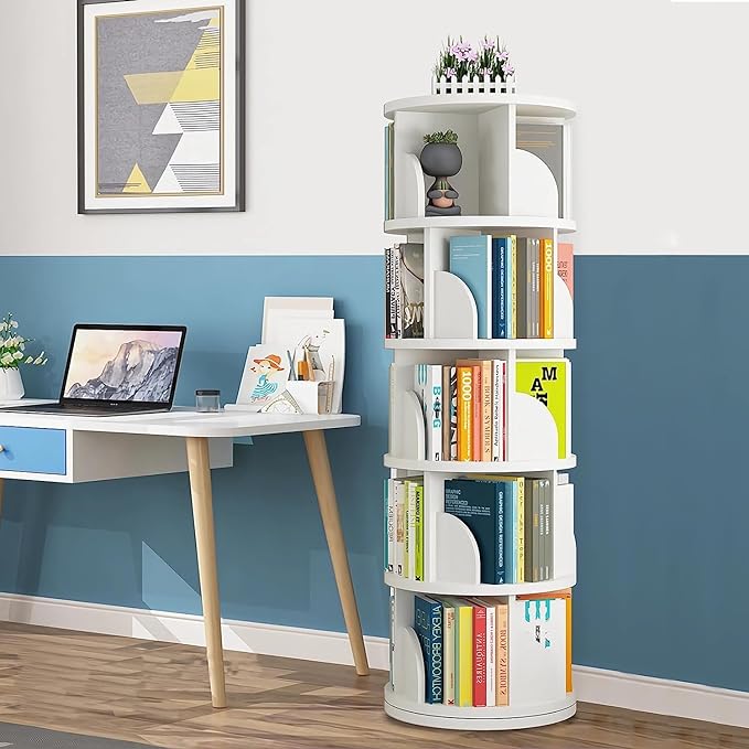 Nisorpa 5 Tier Rotating Bookshelf, 360° Revolving Bookcase Rotating Stackable Shelves Floor-Standing Storage Display Rack Used in Bedrooms Living Rooms Study Office (63"x18"x18") - LeafyLoom