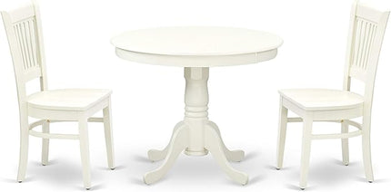 East West Furniture ANVA3-LWH-W 3 Piece Dining Room Furniture Set Contains a Round Dining Table with Pedestal and 2 Wood Seat Chairs, 36x36 Inch, Linen White - LeafyLoom