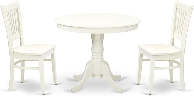 East West Furniture ANVA3-LWH-W 3 Piece Dining Room Furniture Set Contains a Round Dining Table with Pedestal and 2 Wood Seat Chairs, 36x36 Inch, Linen White - LeafyLoom
