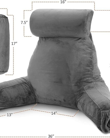 Nestl Reading Pillow with Portable Laptop Lap Desk, Velvet Feel Back Pillow for Sitting in Bed, Shredded Memory Foam Back Support Pillow for Bed, Bed Rest Pillow with Arms, Large - Gray - LeafyLoom