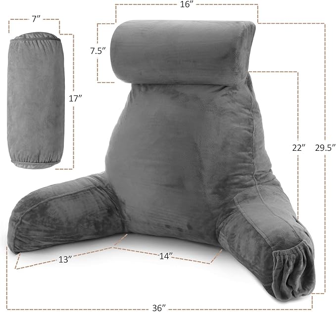 Nestl Reading Pillow with Portable Laptop Lap Desk, Velvet Feel Back Pillow for Sitting in Bed, Shredded Memory Foam Back Support Pillow for Bed, Bed Rest Pillow with Arms, Large - Gray - LeafyLoom