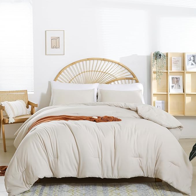Beige Comforter Set King Size - 3 Pieces Lightweight Solid Bedding Comforter Set - All Season Fluffy Microfiber Bed Set (1 Comforter, 2 Pillowcases) - LeafyLoom