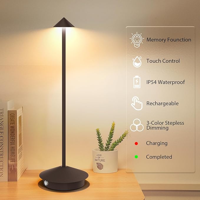 2-Pack 6000mAh Rechargeable LED Table Lamps,Outdoor Cordless Table Lamp Waterproof Portable, 3-Color Stepless Dimmable Modern Lamp for Restaurant/Bedroom(Rust) - LeafyLoom