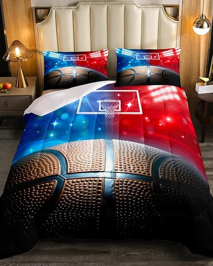Erosebridal Basketball Comforter Set Queen for Kids Boys Teens Men,Sport Basketball Bedding Set Ball Games Down Comforter Red Blue Basketball Court Quilt Duvet Set Sports Room Decor 2 Pillow Cases - LeafyLoom