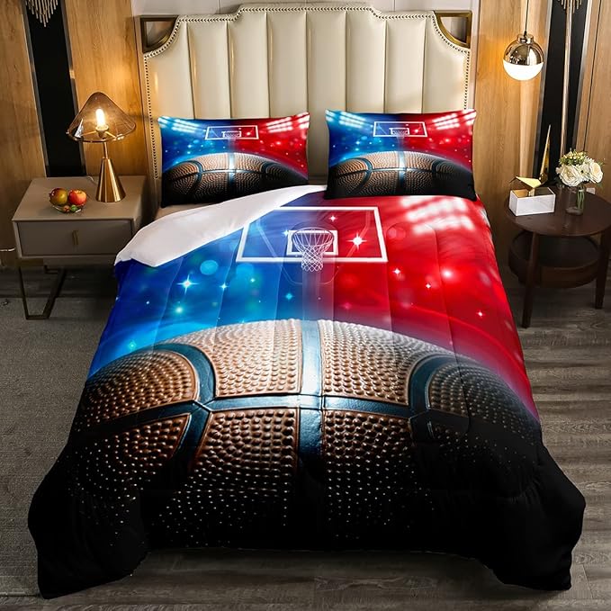 Erosebridal Basketball Comforter Set Queen for Kids Boys Teens Men,Sport Basketball Bedding Set Ball Games Down Comforter Red Blue Basketball Court Quilt Duvet Set Sports Room Decor 2 Pillow Cases - LeafyLoom