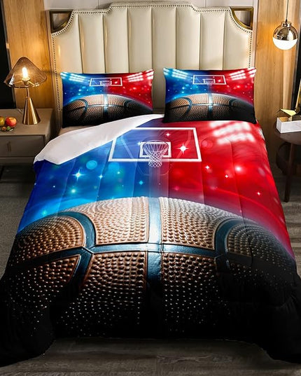 Erosebridal Basketball Comforter Set Full for Kids Boys Teens Men,Sport Basketball Bedding Set Ball Games Down Comforter Red Blue Basketball Court Quilt Duvet Set Sports Room Decor 2 Pillow Cases - LeafyLoom