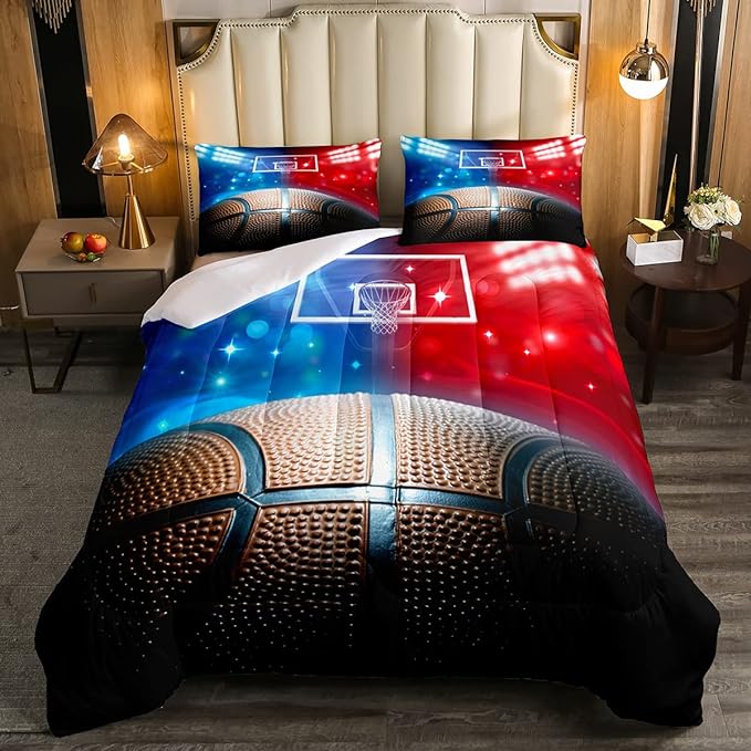 Erosebridal Basketball Comforter Set Full for Kids Boys Teens Men,Sport Basketball Bedding Set Ball Games Down Comforter Red Blue Basketball Court Quilt Duvet Set Sports Room Decor 2 Pillow Cases - LeafyLoom