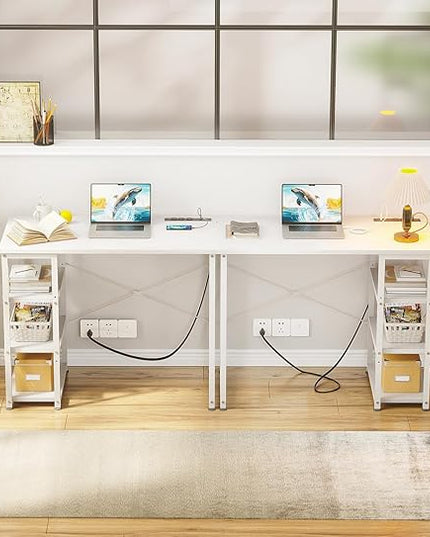 AODK Laptop Desk Small Desk, 32 Inch Computer Desk with Power Outlet and USB & Type-C Charging Port, Writing Desk with 3-Tier Reversible Storage Shelf for Home Office, 32'' x 16'', White - LeafyLoom