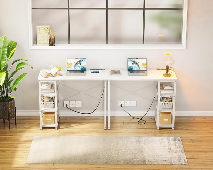 AODK Laptop Desk Small Desk, 32 Inch Computer Desk with Power Outlet and USB & Type-C Charging Port, Writing Desk with 3-Tier Reversible Storage Shelf for Home Office, 32'' x 16'', White - LeafyLoom
