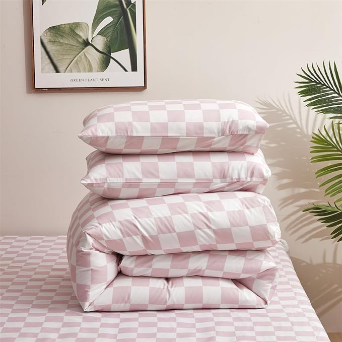 Pink White Grid Comforter Set Cal King Pink Plaid Bedding Set Women Pink and White Checkered Bed Comforter Set Breathable Blanket Set Men Durable Bedding Comforter Set - LeafyLoom
