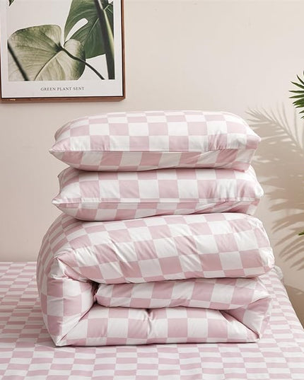 Pink White Grid Comforter Set Twin Pink Plaid Bedding Set Girls Pink and White Checkered Bed Comforter Set Breathable Blanket Set Kids Durable Bedding Comforter Set - LeafyLoom