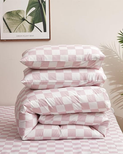 Pink White Grid Comforter Set King Pink Plaid Bedding Set Women Pink and White Checkered Bed Comforter Set Breathable Blanket Set Men Durable Bedding Comforter Set - LeafyLoom