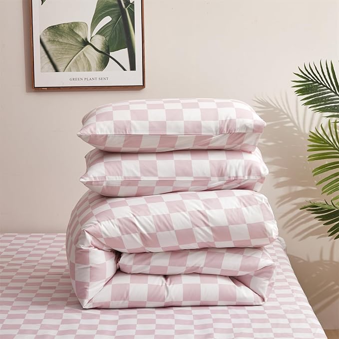 Pink White Grid Comforter Set King Pink Plaid Bedding Set Women Pink and White Checkered Bed Comforter Set Breathable Blanket Set Men Durable Bedding Comforter Set - LeafyLoom