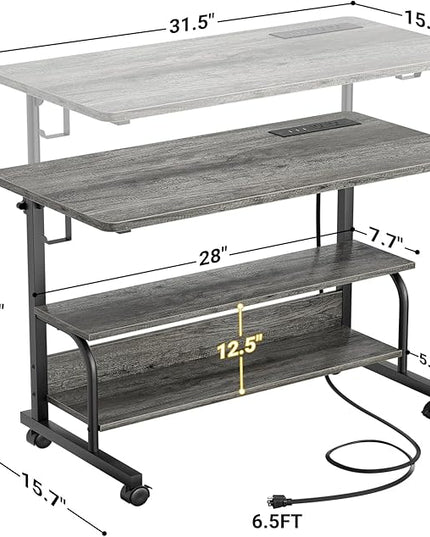 32" Height Adjustable Standing Desk with Power Outlets - Manual Rolling Stand Up Desk with Wheels Small Portable Computer Desk Mobile Laptop Table with Storage Shelves for Home Office, Grey Oak - LeafyLoom