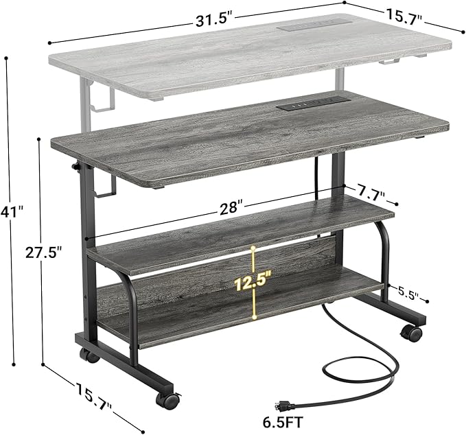 32" Height Adjustable Standing Desk with Power Outlets - Manual Rolling Stand Up Desk with Wheels Small Portable Computer Desk Mobile Laptop Table with Storage Shelves for Home Office, Grey Oak - LeafyLoom
