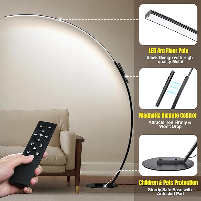 Dimmable LED Floor Lamp with 3 Color Temperatures, Ultra Bright 2000LM Arc Floor Lamps for Living Room, Modern Standing Tall Lamp with Remote Control Reading Floor Lamp for Bedroom Office Classroom - LeafyLoom