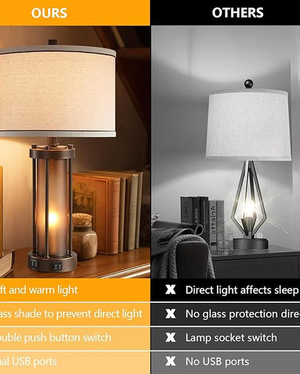Set of 2 Farmhouse Table Lamps for Living Room with 2 USB Ports, Vintage Rustic Nightstand Lamps with Amber Glass Nightlight, Retro Desk Lamps for Bedroom Entryway, 4 Bulbs Included (Brown) - LeafyLoom