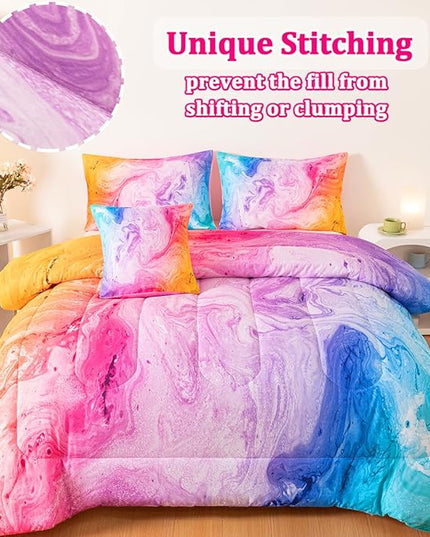 Girls Twin Bedding Sets, 6 Pcs Pink Twin Szie Comforter Set with Sheets, Watercolor Marble Abstract Art Superior Bedding Set for Girls Kids - LeafyLoom