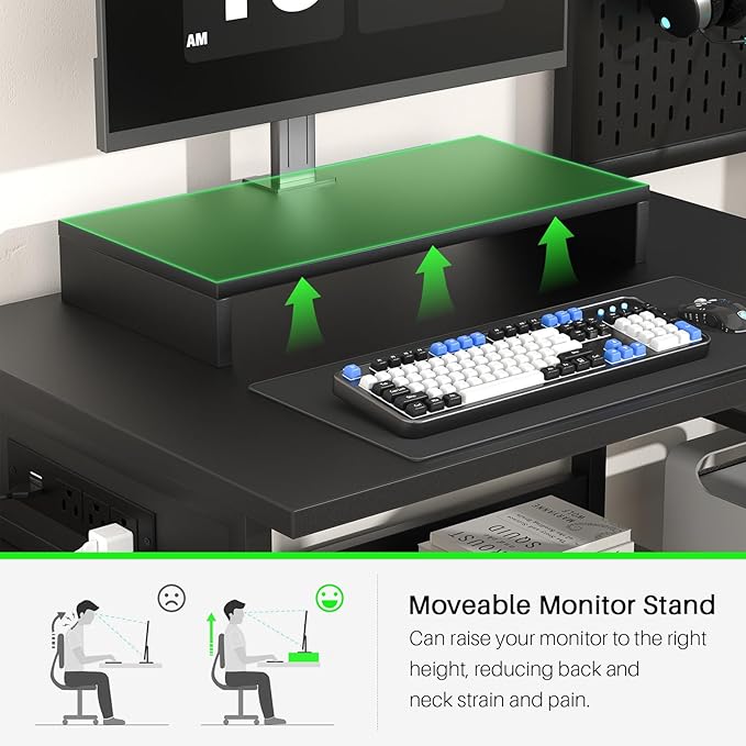 Small Gaming Desk with 2 Fabric Drawers - Reversible Computer Desk with Power Outlet & LED Lights, 49" Office Desk with Monitor Stand & Storage Shelves, Writing Study Table with Pegboard, Black - LeafyLoom