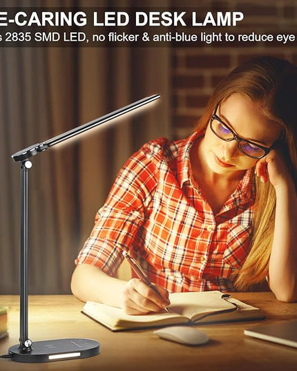 Lightess LED Desk Lamp with Wireless Charger, USB Charging Port, Adjustable Foldable Dual Swing Arm Desk Light Dimmable Eye-Caring Desk Lamp, Touch Control, Home Office Desk Lights for Work Study - LeafyLoom