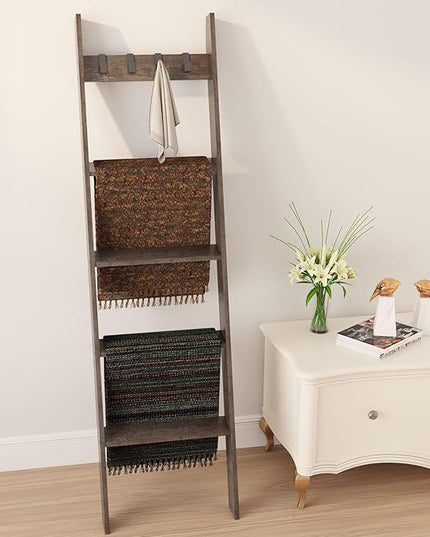IBUYKE 5-Tier Blanket Ladder Shelf,Ladder Rack for Storage and Decor,Wooden Blanket Holder with Hooks,Easy Assembly for Bedroom,Rustic Brown TTR006G - LeafyLoom