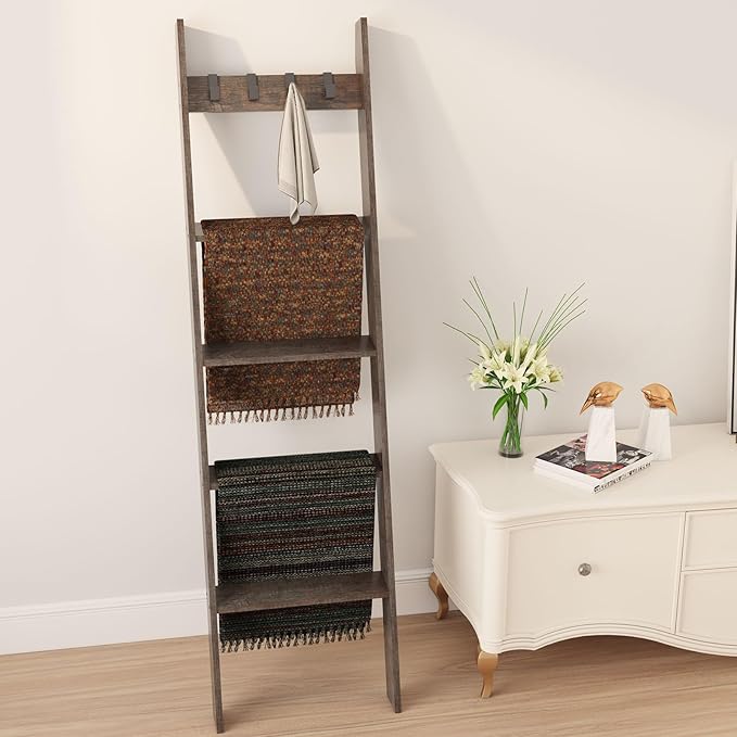 IBUYKE 5-Tier Blanket Ladder Shelf,Ladder Rack for Storage and Decor,Wooden Blanket Holder with Hooks,Easy Assembly for Bedroom,Rustic Brown TTR006G - LeafyLoom