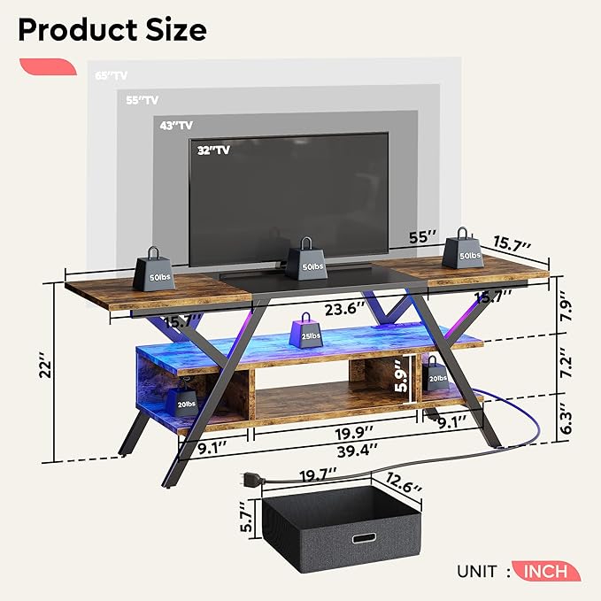 Bestier TV Stand for Living Room, LED Entertainment Center with Power Outlets, Farmhouse TV Stand 55 Inch for TV up to 65 Inch for bedroom, Gaming TV Console Table with Storage, Rustic Brown - LeafyLoom