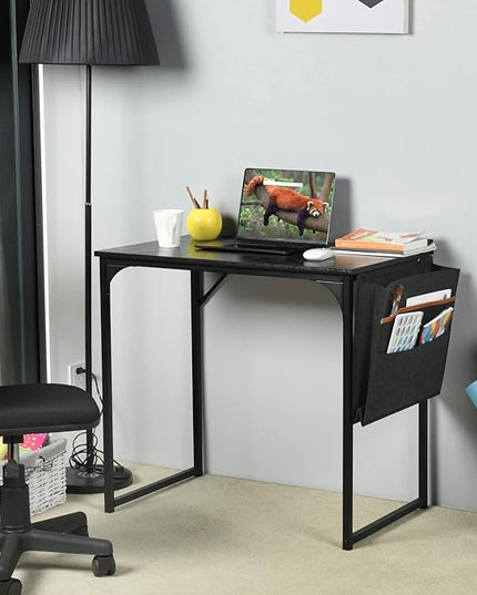 FurnitureR 31.5 inch Small Study Writing Table with Storage Bag Space Saving for Home Office, Modern PC Metal Frame Computer Desk, Black - LeafyLoom