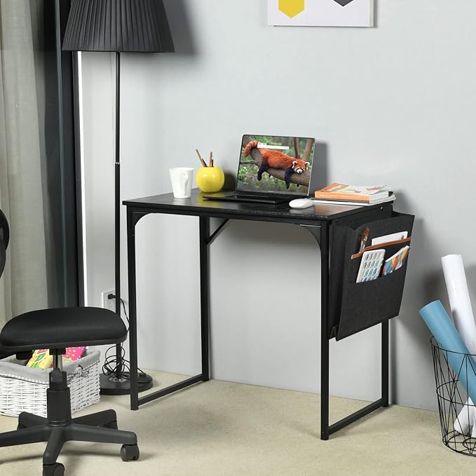 FurnitureR 31.5 inch Small Study Writing Table with Storage Bag Space Saving for Home Office, Modern PC Metal Frame Computer Desk, Black - LeafyLoom