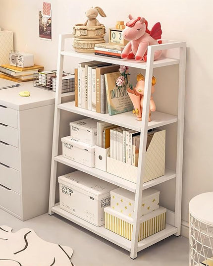IOTXY 4-Tier Ladder Shelf Bookcase - Wooden Open Bookshelf with Metal Frame, Display Rack for Living Room, Bedroom, Kitchen, and Home Office, White - LeafyLoom