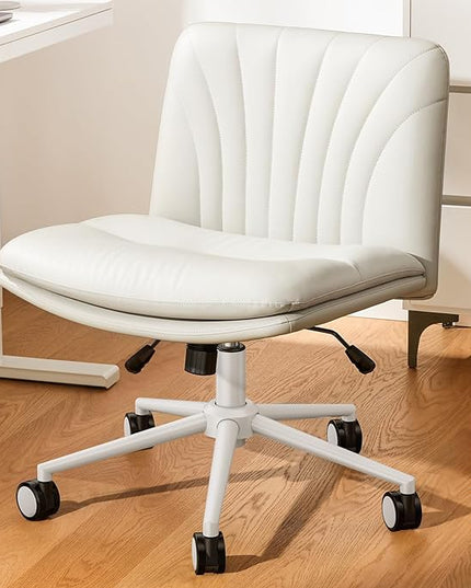 Marsail Armless-Office Desk Chair with Wheels: PU Leather Cross Legged Wide Chair,Comfortable Adjustable Swivel Computer Task Chairs for Home,Office,Make Up,Small Space,Bed Room(Balanced Beige) - LeafyLoom