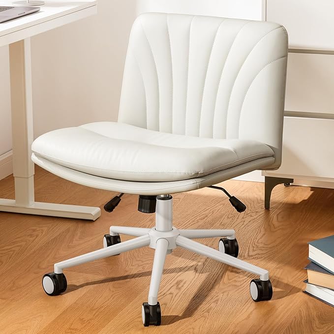 Marsail Armless-Office Desk Chair with Wheels: PU Leather Cross Legged Wide Chair,Comfortable Adjustable Swivel Computer Task Chairs for Home,Office,Make Up,Small Space,Bed Room(Balanced Beige) - LeafyLoom