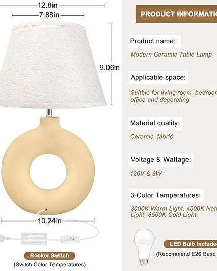 Yellow Table Lamp for Living Room Bedroom, 21" Modern Boho Ceramic Bedside Lamps for Kids Room 3 Color Temperature Small Lamps for Night Stands, Dorm, Dining Room, Home Décor (Bulb Included) - LeafyLoom