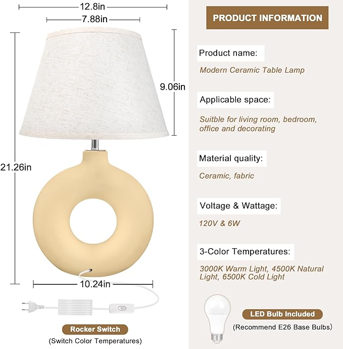 Yellow Table Lamp for Living Room Bedroom, 21" Modern Boho Ceramic Bedside Lamps for Kids Room 3 Color Temperature Small Lamps for Night Stands, Dorm, Dining Room, Home Décor (Bulb Included) - LeafyLoom